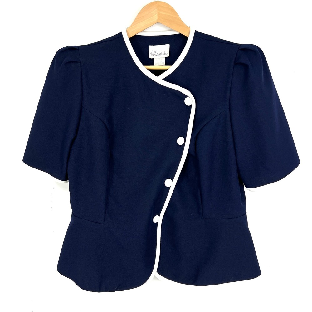 Via Sant Andrea Blazer Jacket Womens 14P Navy White Trim Short Sleeve‎ Vintage